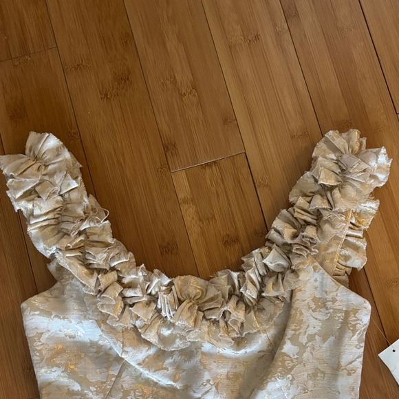 Chic Cream and Gold Ruffle Midi Dress - Picture 3 of 6